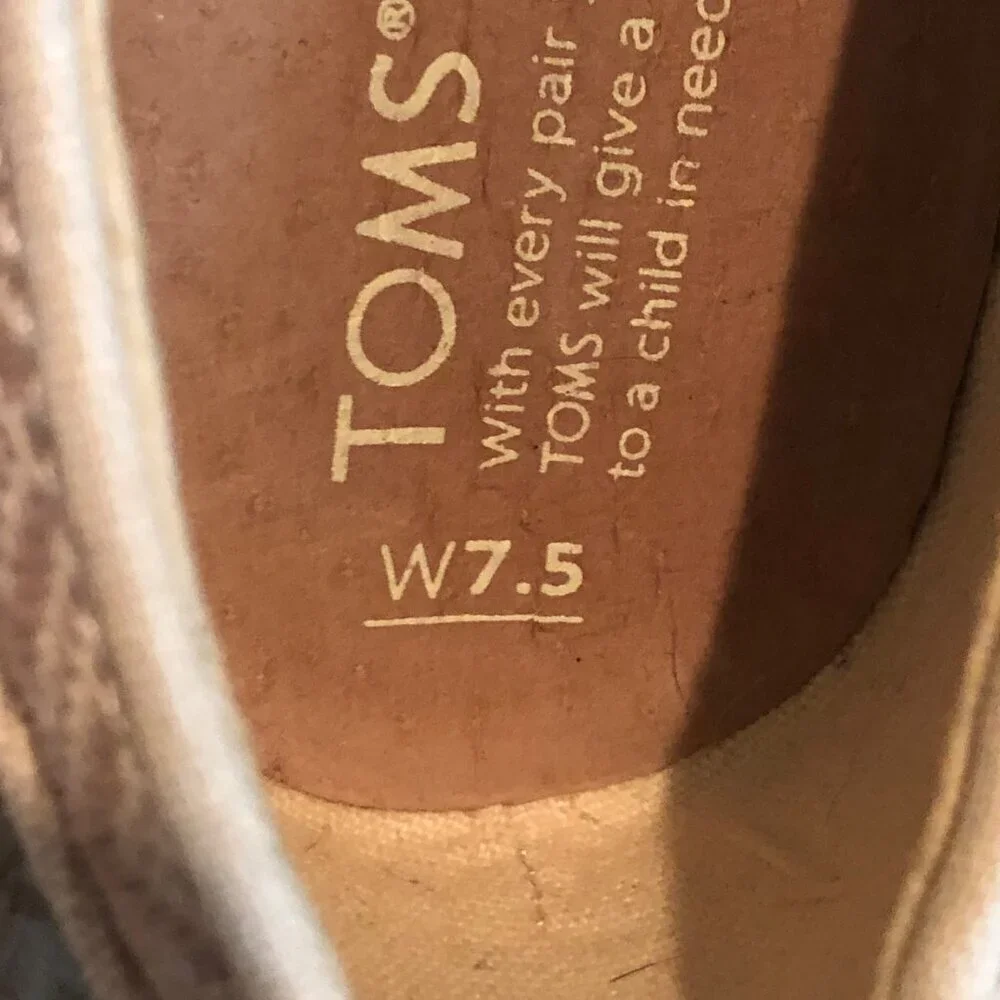 Women's TOMS Cream / Tan Canvas Open Toe Shoe Wedge Cork Heel Size 7.5